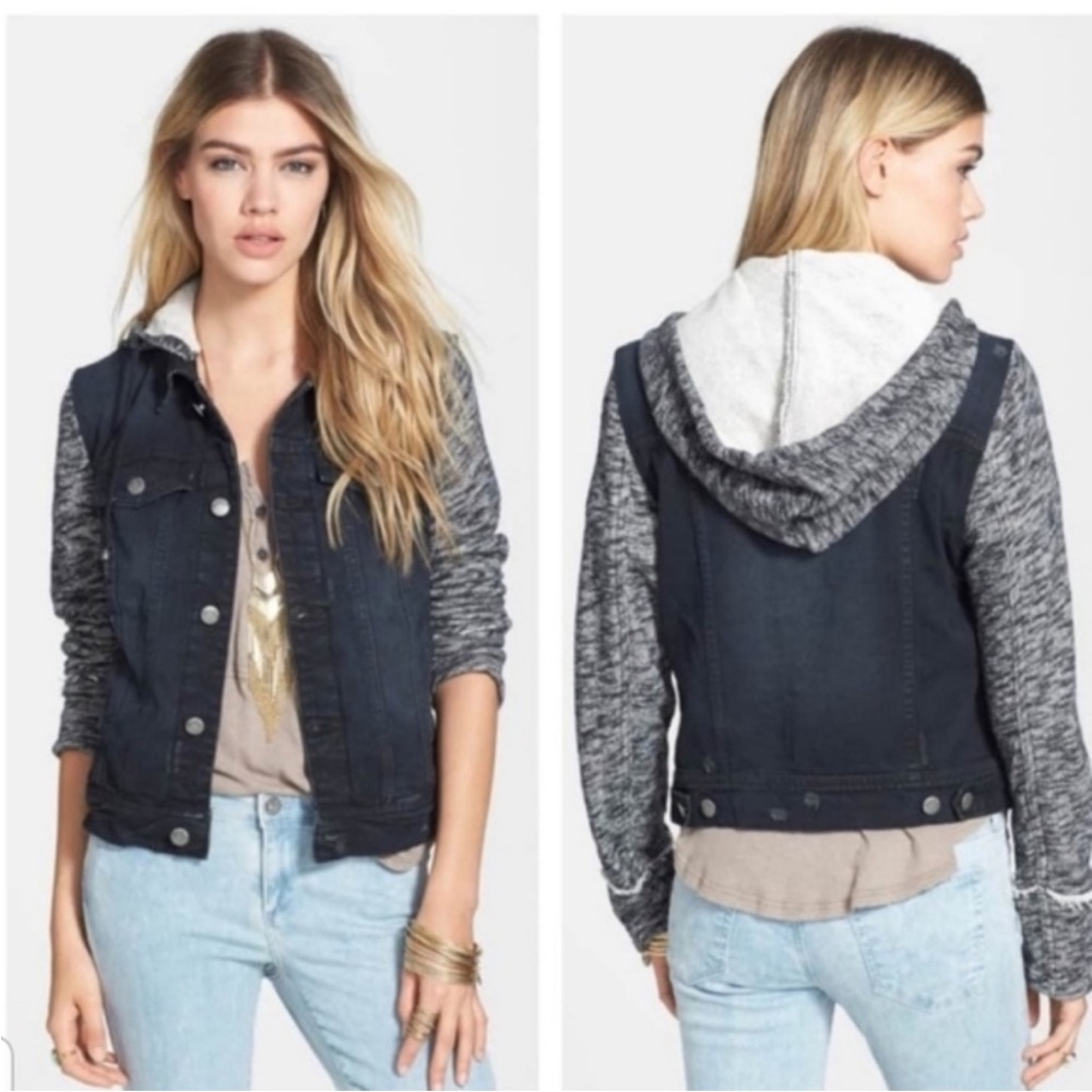 Free People Denim Jacket with Gray Sleeves and Hood
